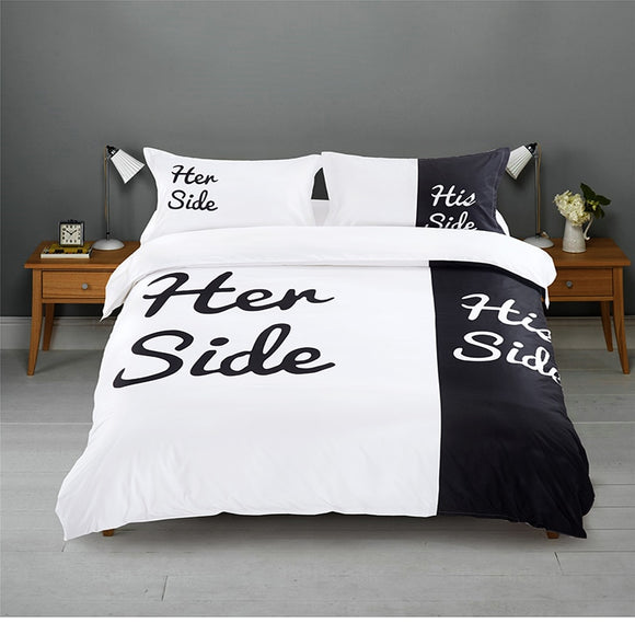 Black&white Her Side His Side Bedding sets Queen/King Size Double bed 2/3pcs/4pcs Bed Linen Couples Duvet Cover Set